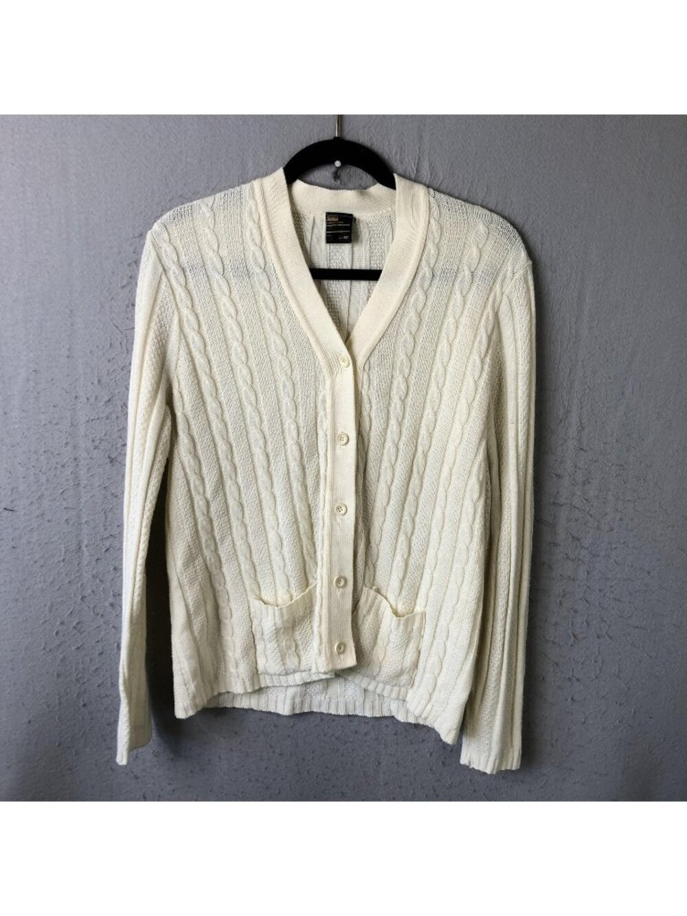Vintage BHS Cardigan Sweater Womens Medium Cream Wool Cable Knit Made In Britain